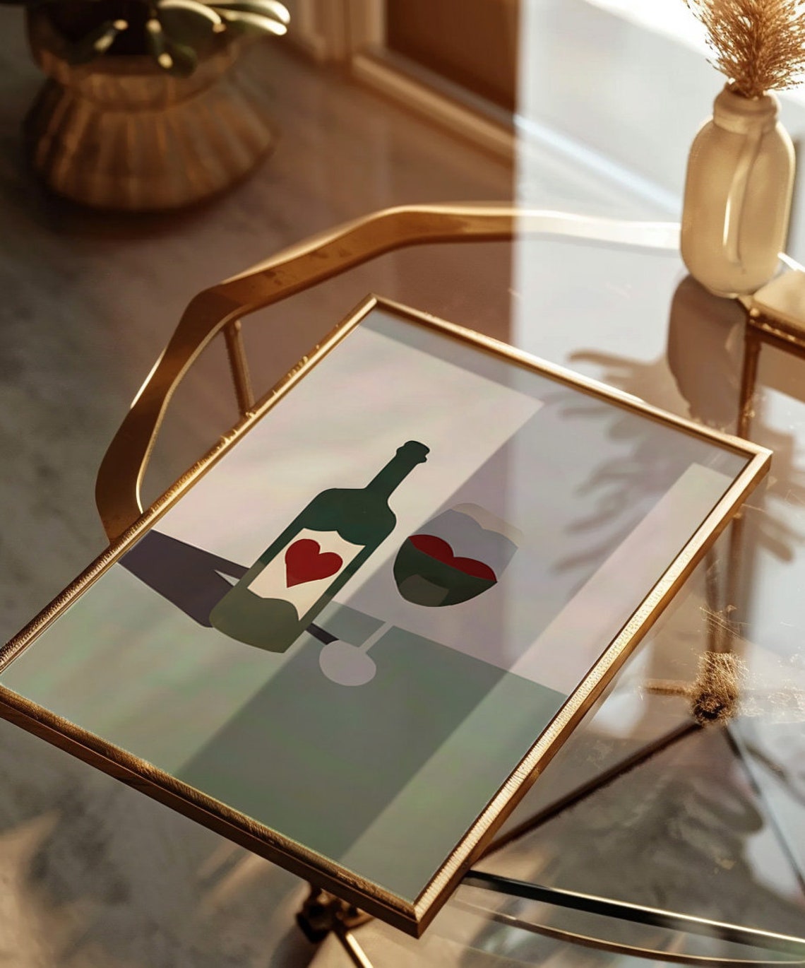 Wine Bottle and Glass Heart Love Illustration Kitchen Bar Art Poster