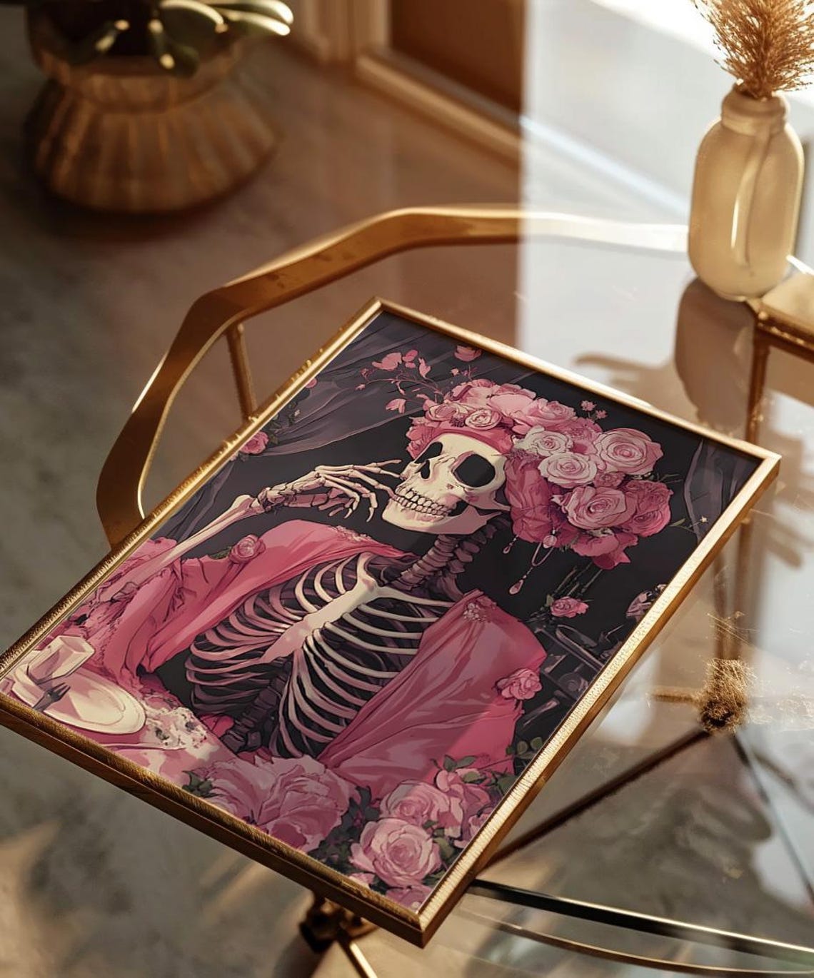 Pink Skeleton Lady Rose Crown Gothic Floral Halloween Art Poster - Image 3