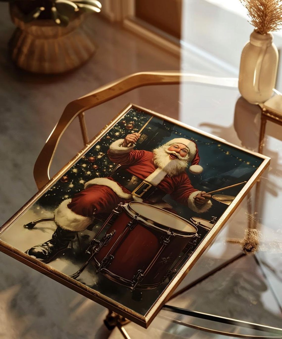Joyful Santa Claus Playing Drums By Christmas Tree Vintage Poster - Image 2