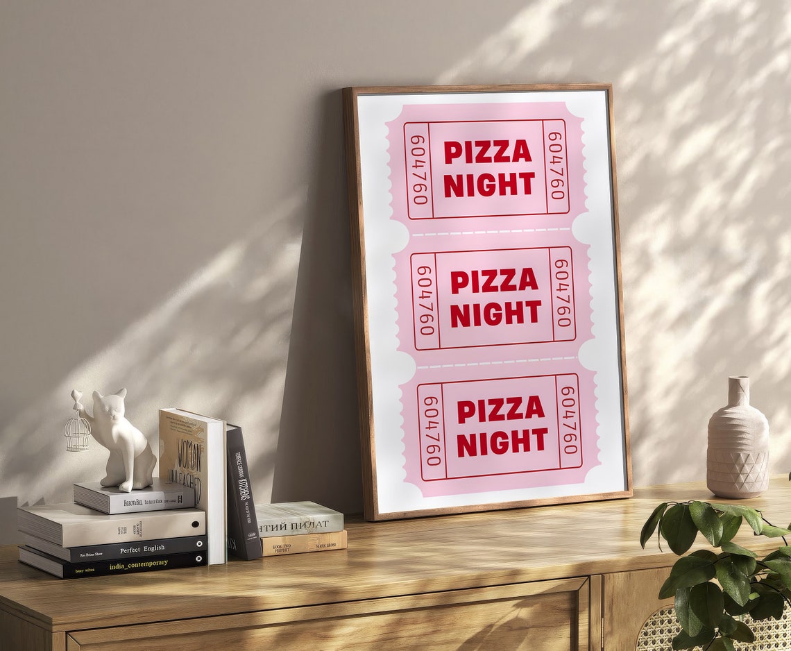 Fun Pizza Night Ticket Stub Retro Kitchen Decor Pink Wall Art - Image 2