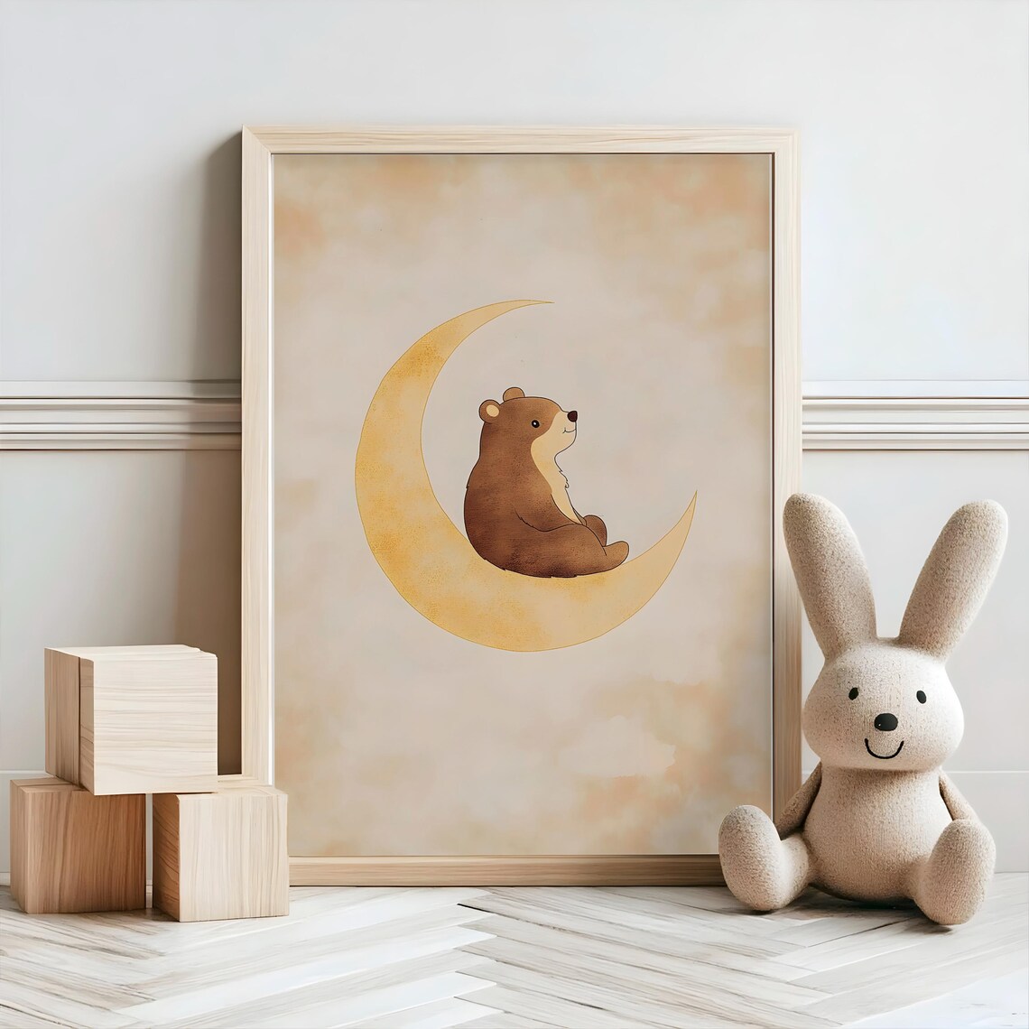 Watercolor Bear Sitting on Golden Crescent Moon Dreamy Nursery Art Poster - Image 2