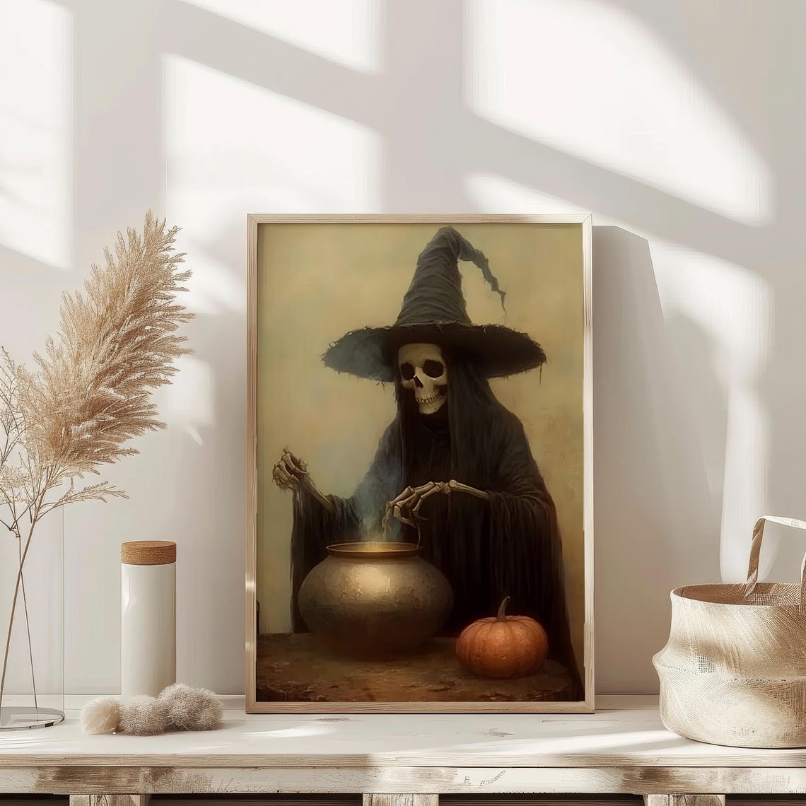 Skeleton Witch Brewing Potion Cauldron Dark Halloween Art Poster - Image 3