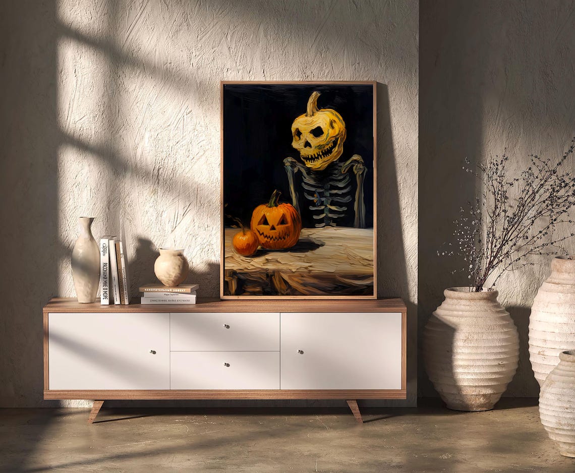 Dark Pumpkin Head Skeleton With Jack O Lanterns Halloween Poster - Image 2