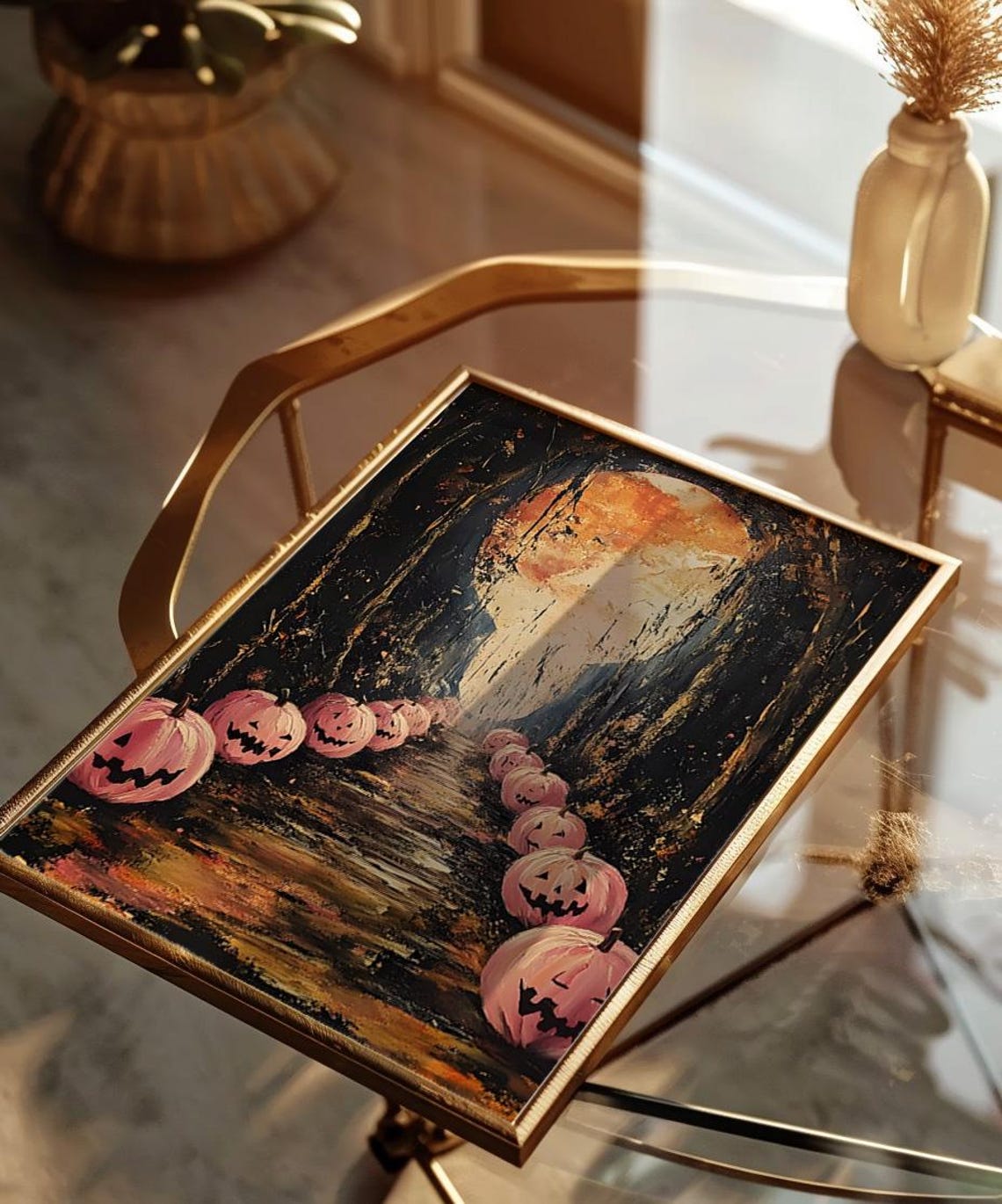 Pink Jack O Lantern Path Leading To Moonlit Cave Halloween Art Poster - Image 3