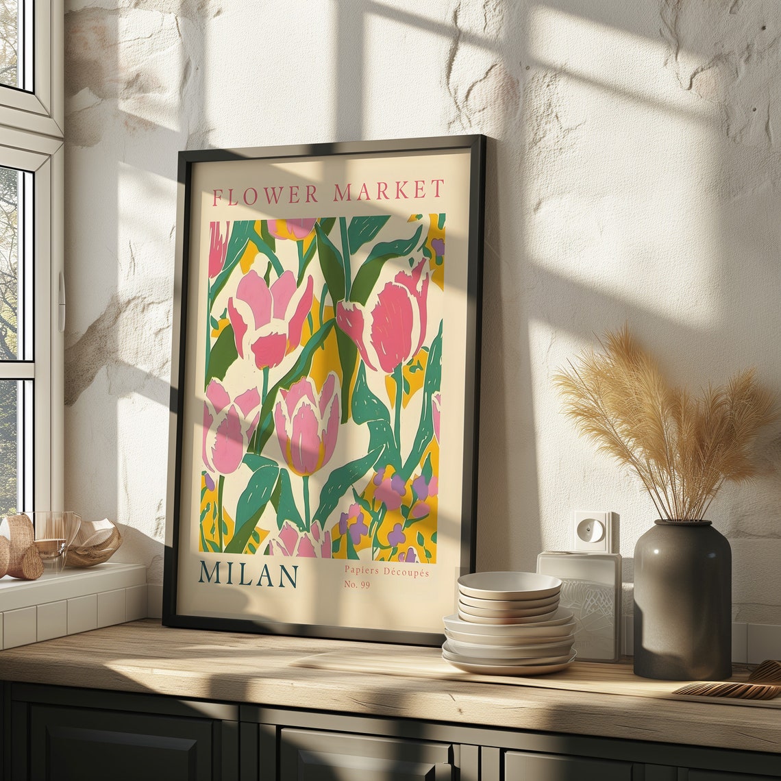 Milan Flower Market Bold Pink Tulip Blooms Botanical Wall Print