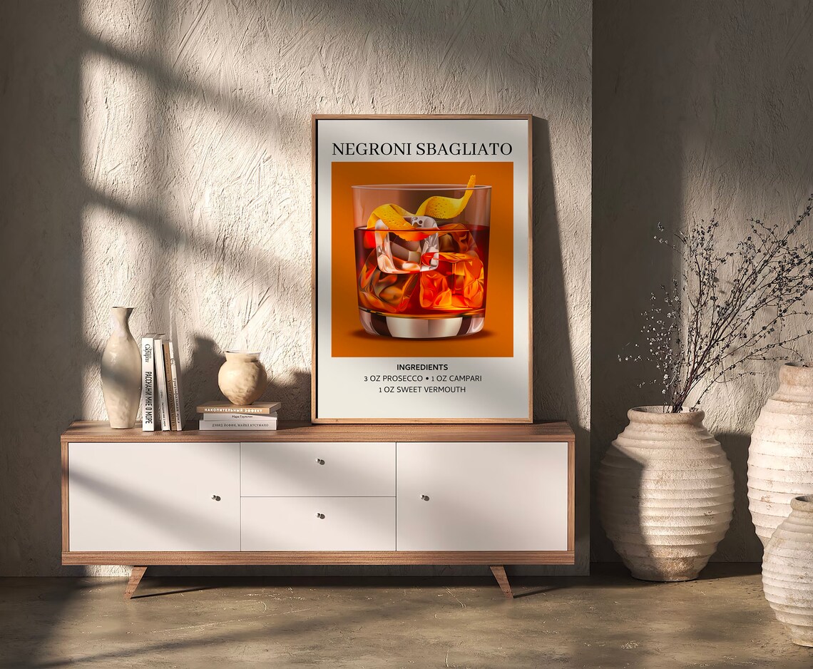 Negroni Sbagliato Cocktail Recipe Ingredients Bar Art Poster