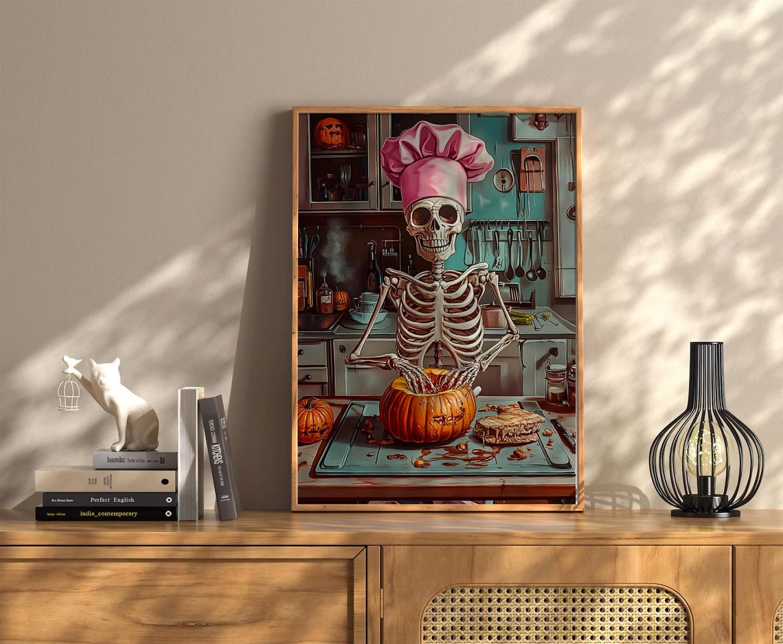 Skeleton Chef Pumpkin Carving Retro Halloween Kitchen Art Poster