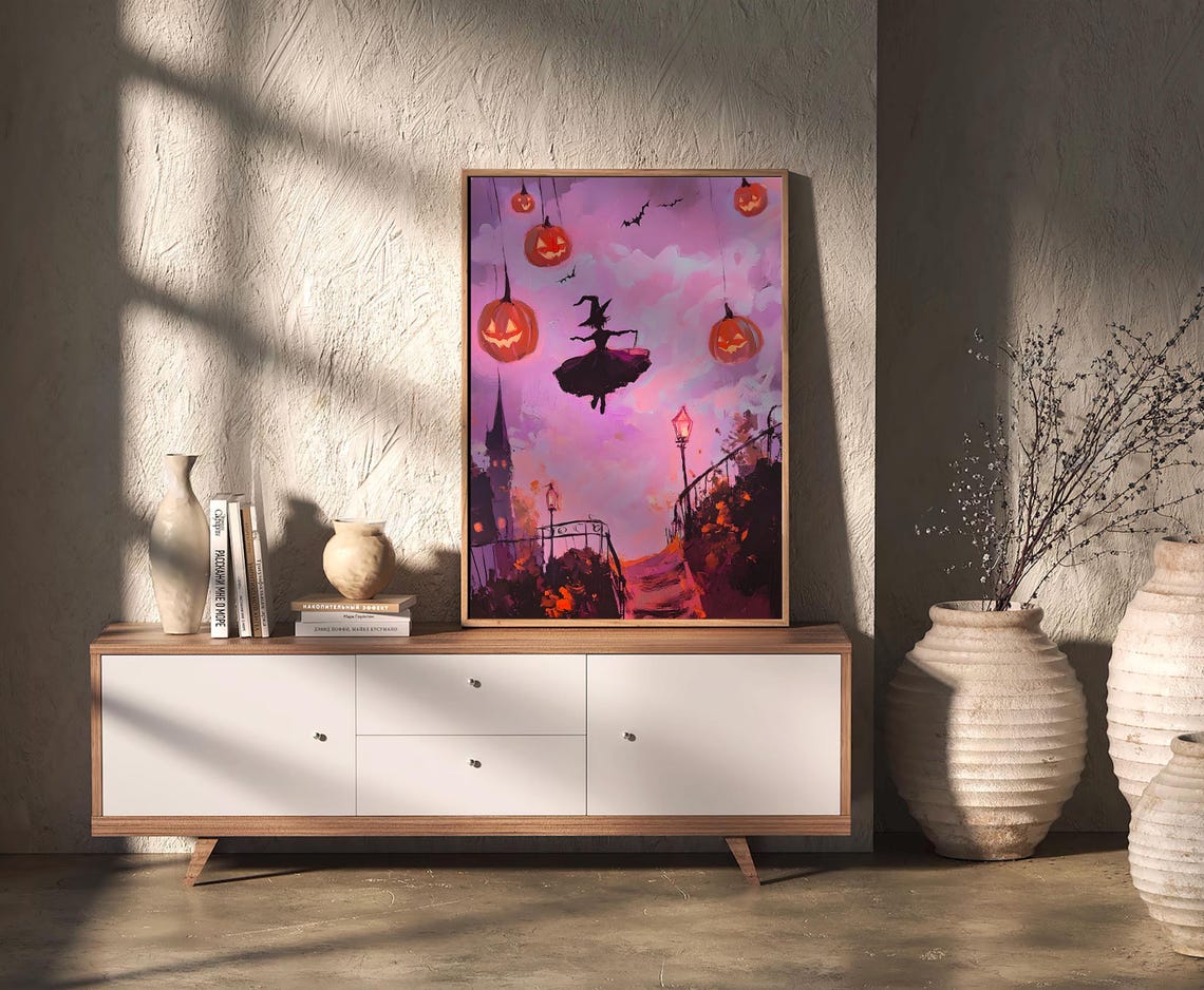 Flying Witch Purple Night Sky Hanging Pumpkins Halloween Poster - Image 2