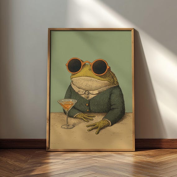 Frog With Cocktail Poster, Whimsical Animal Print