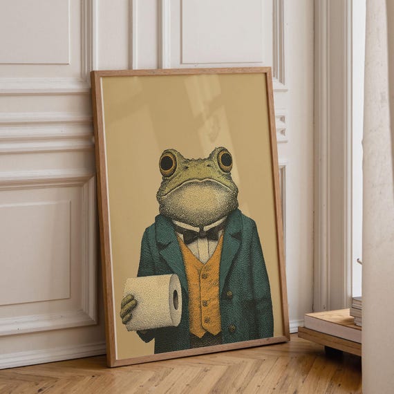 Frog With Toilet Paper Digital Wall Art Printable Retro Animal Poster
