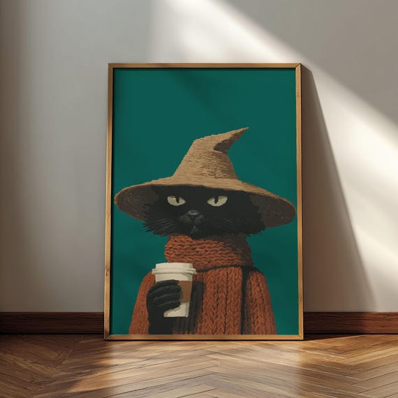 Black Cat With Coffee Poster Whimsical Animal Print