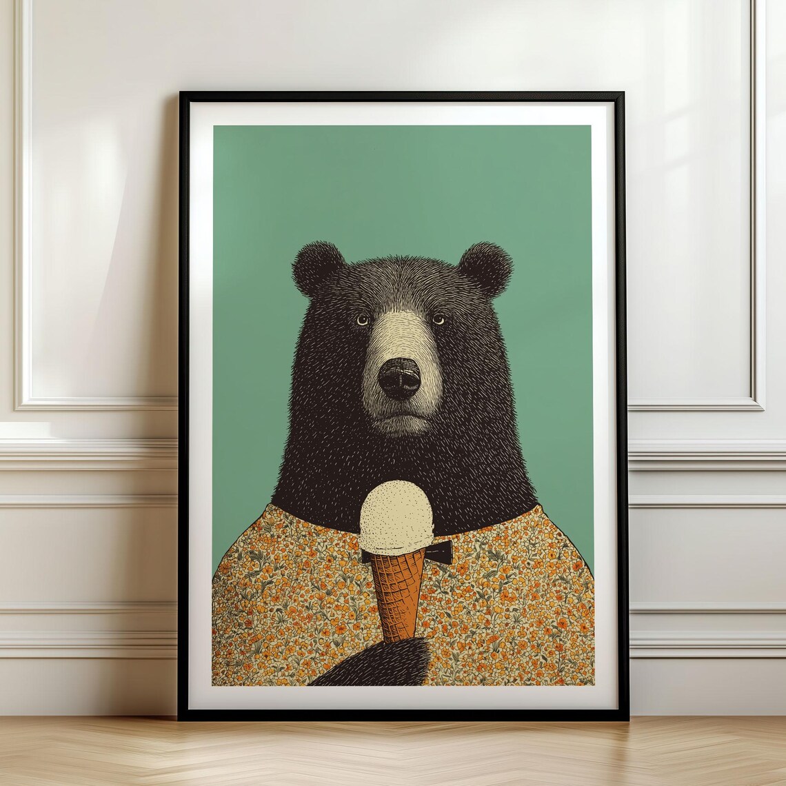 Bear Holding Ice Cream Cone Vintage Style Floral Jacket Animal Portrait Poster