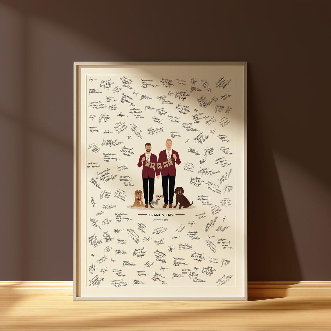 Custom Wedding Guest Book Alternative Couple and Dogs Signature Poster