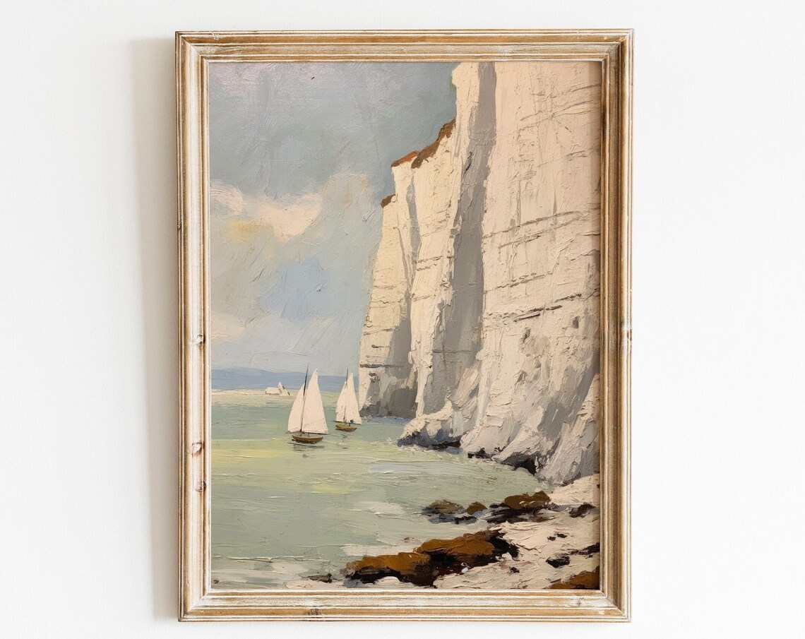 White Cliffs Sailboats Coastal Vintage Seascape Farmhouse Art Print