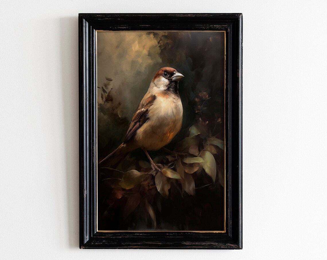 Vintage House Sparrow Oil Painting Moody Bird Portrait Art Print