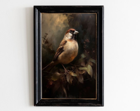 Vintage Sparrow Bird Print Antique Bird Wall Art Moody Vintage Decor Living Room Art Oil Painting