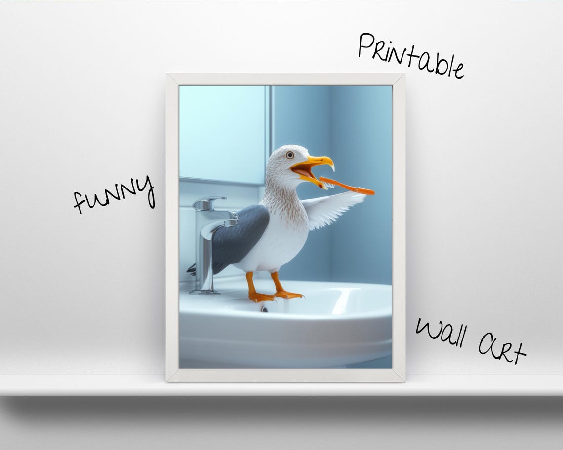 Funny Seagull Brushing Teeth Cute Bathroom Animal Humor Wall Poster