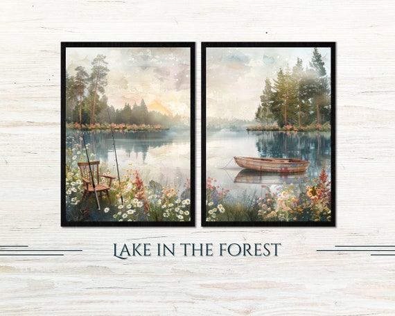 Fresh Clean Forest With Lake Wall Art L Boat On The Water Landscape Home Decoration 2 Pcs Frame Set Decor