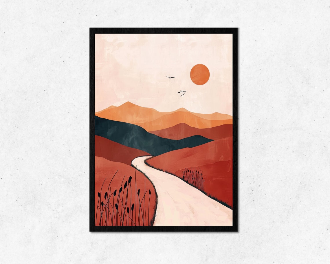 Boho Sunset Desert Landscape With Winding Path Minimalist Poster