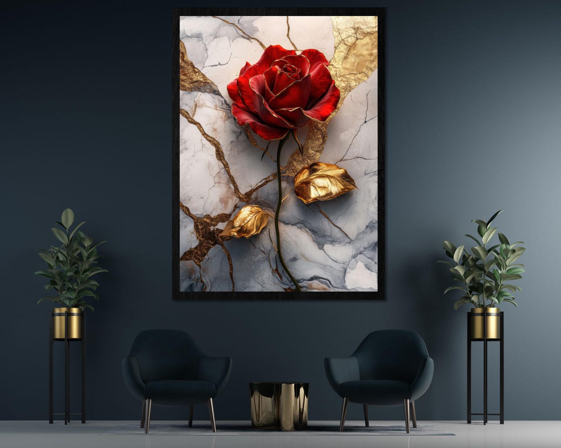 Romantic Crimson Red Rose With Gold Leaf Luxury Marble Floral Poster