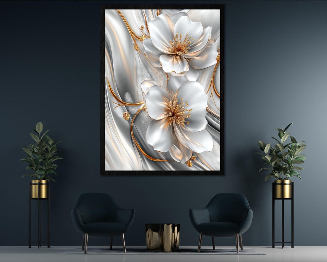 Elegant White Flowers With Golden Centers Silver Silk Poster