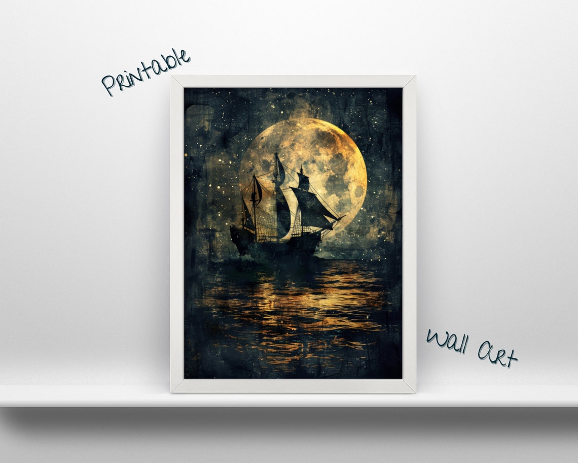 Pirate Ship Silhouette Under a Golden Full Moon Ocean Art Poster