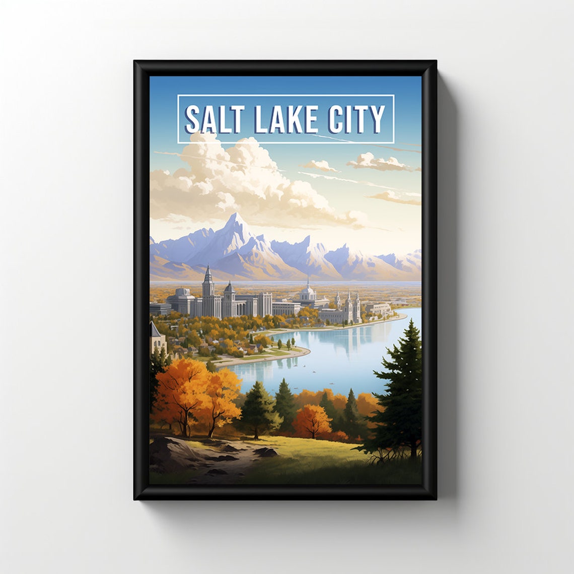 Salt Lake City Utah Fall Foliage Lakeside Vintage Travel Poster