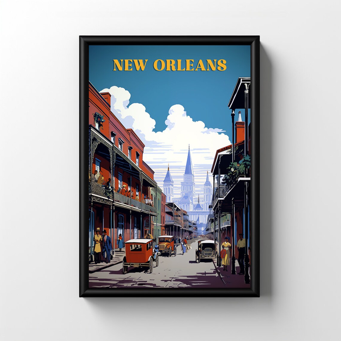 New Orleans Historic Street Vintage Cars Retro Travel Poster