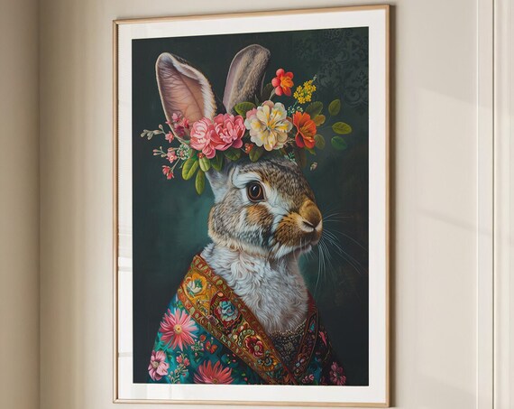 Rabbit Flower Crown Maximalist Floral Brocade Animal Wall Art