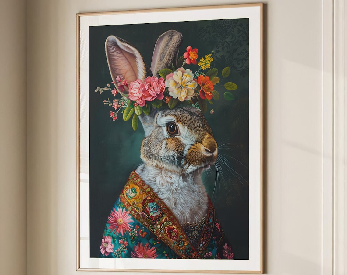 Rabbit Flower Crown Maximalist Floral Brocade Animal Wall Art