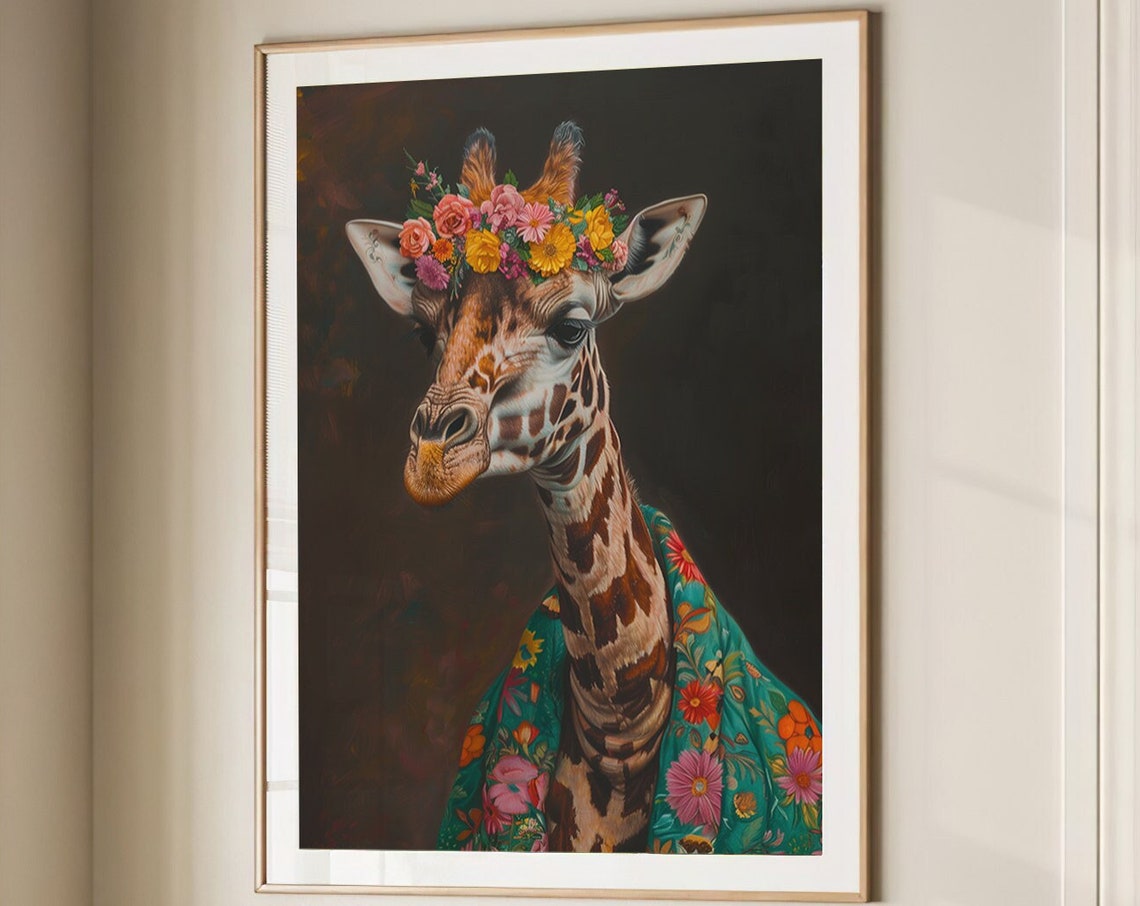 Giraffe with Flower Crown and Floral Shawl Dark Portrait Poster