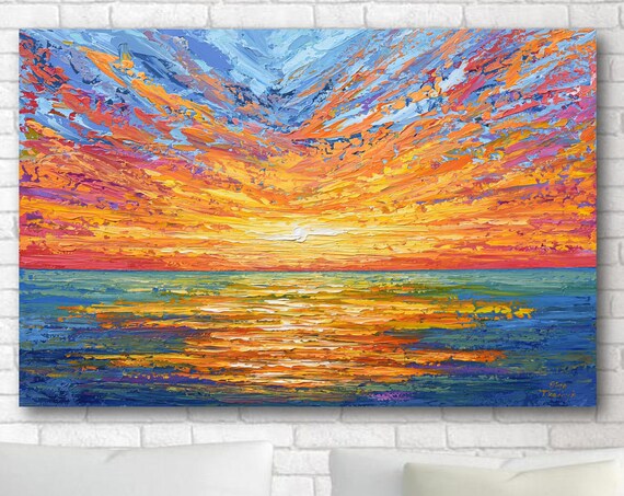 Sunset Ocean Painting Fiery Sky Golden Reflection Impasto Art Poster
