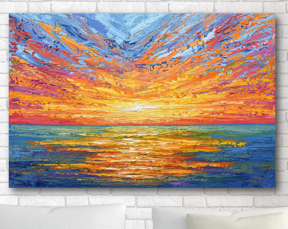 Sunset Ocean Painting Fiery Sky Golden Reflection Impasto Art Poster