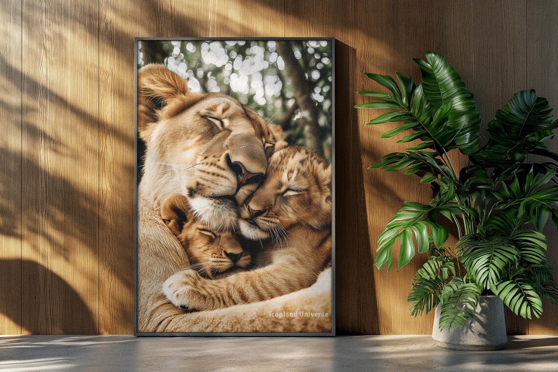 Lioness Cuddling Cubs Photo Poster Tender Mother Wildlife Moment Art - Image 3