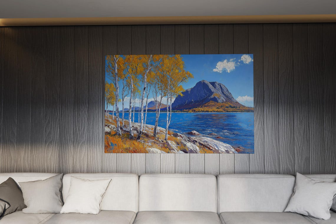 Golden Autumn Birch Trees Lakeside Mountain Landscape Poster - Image 2