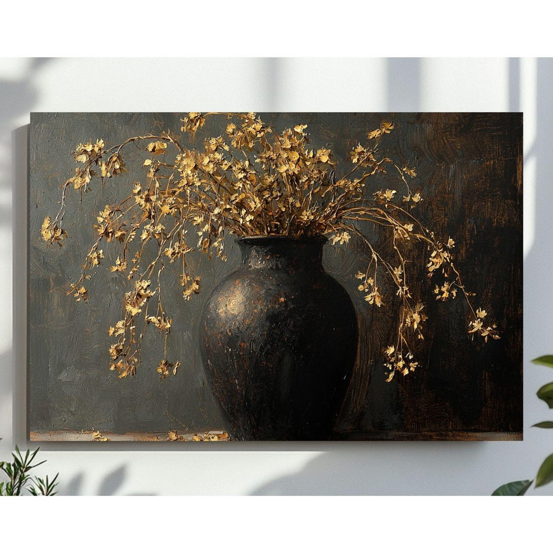 Moody Black Vase with Dried Golden Flowers Still Life Poster