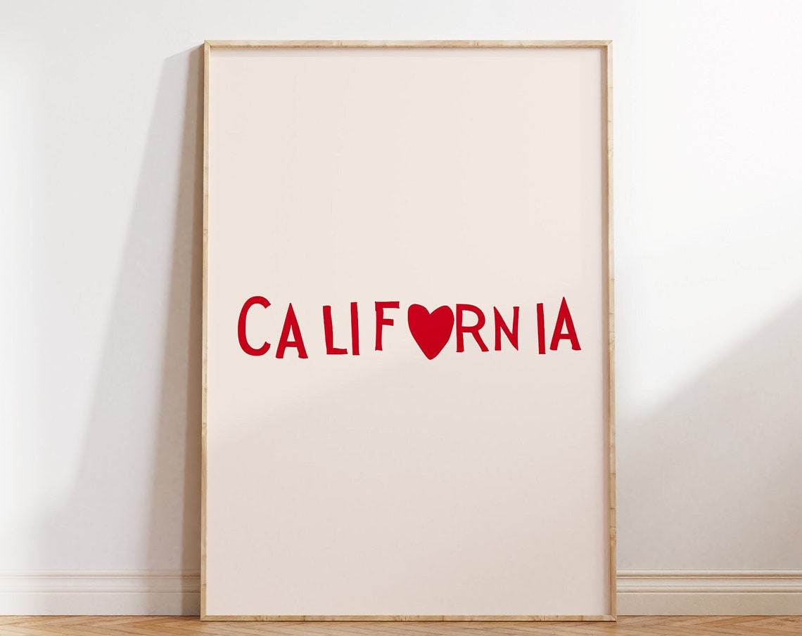 California Red Heart Letter Minimalist Golden State Name Poster
