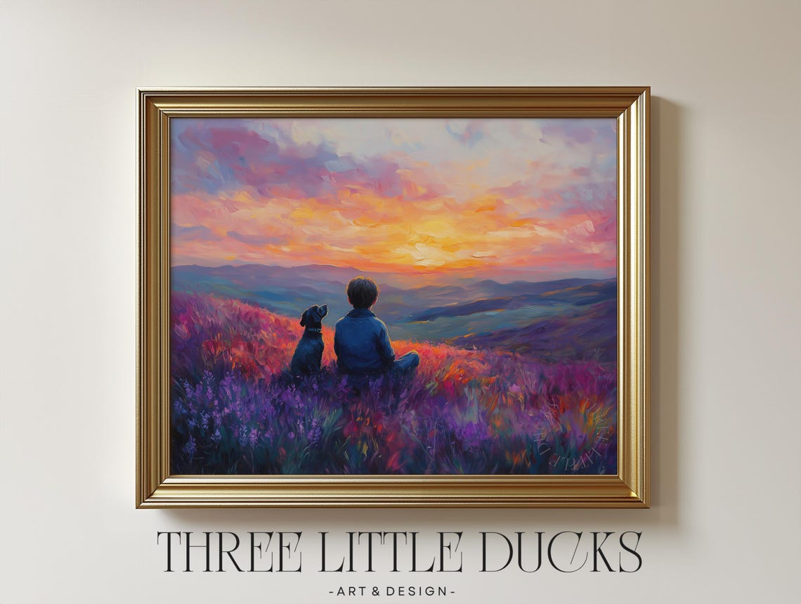 Boy And Dog Watching Sunset Purple Hillside Impressionist Art Poster