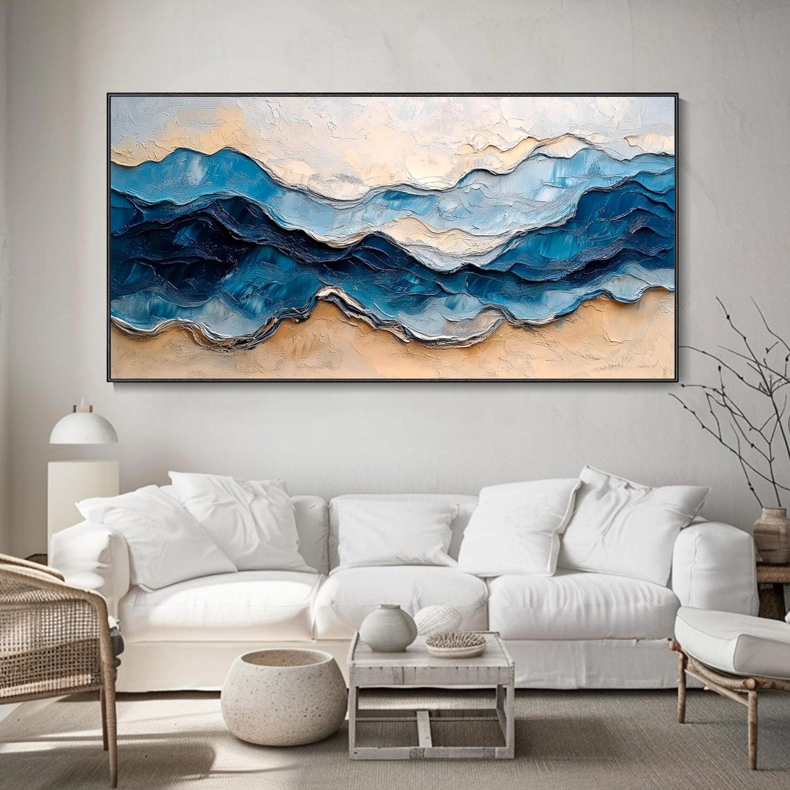 Layered Blue Ocean Waves On Golden Beach Textured Art Poster - Image 2