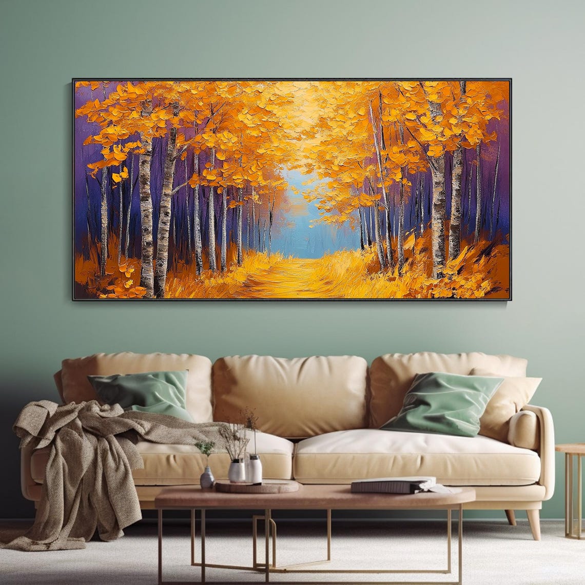 Golden Autumn Birch Forest Path Sunlit Fall Landscape Art Poster - Image 3