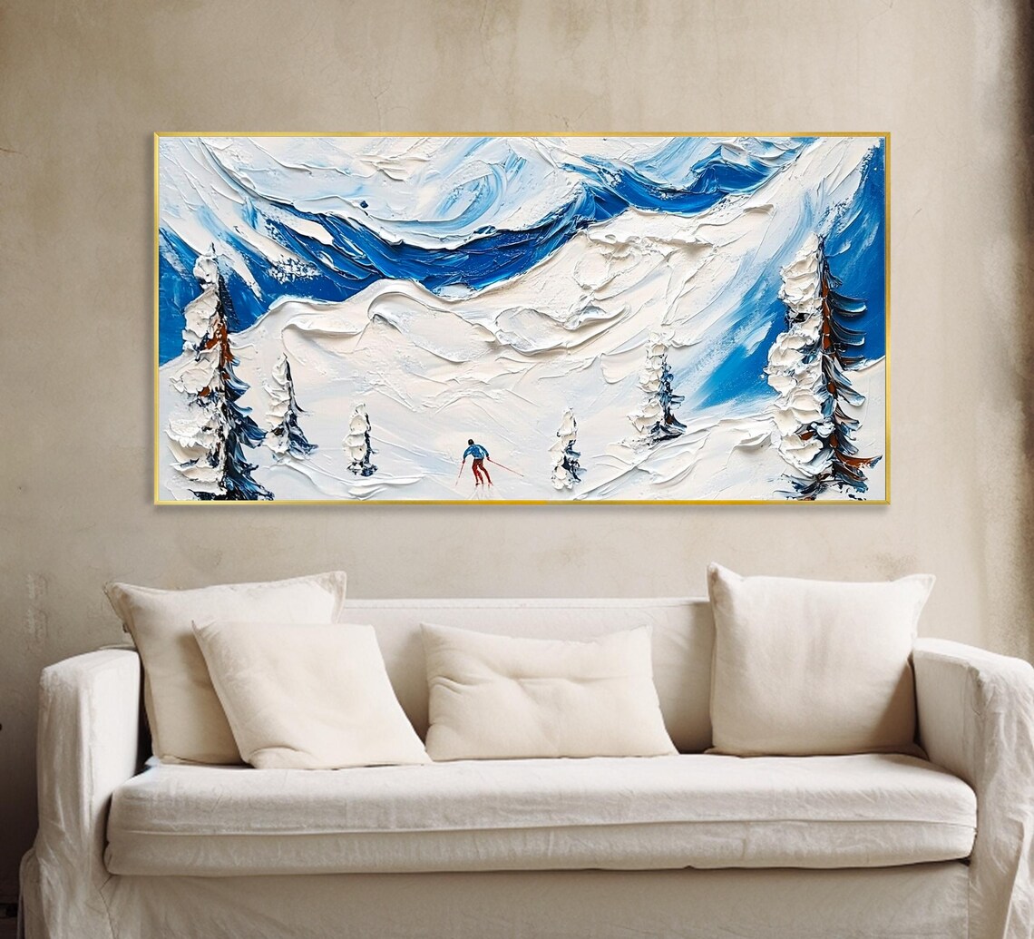 3d Snowy Mountain Skiing Oil Painting Winter Sport Nature Landscapes Skier Outdoor Activity Leisure Travel Adventure Original Artwork Decor - Image 5