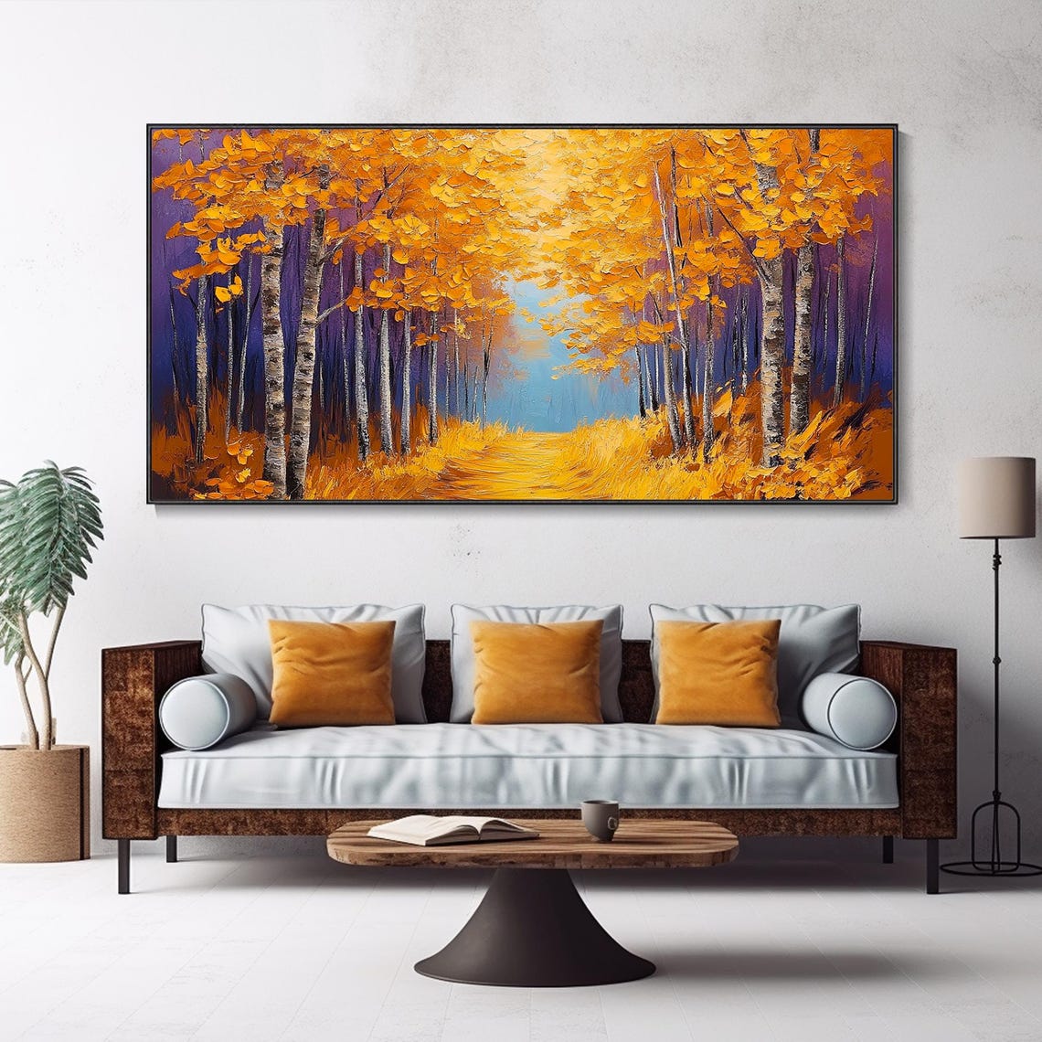 Golden Autumn Birch Forest Path Sunlit Fall Landscape Art Poster - Image 4