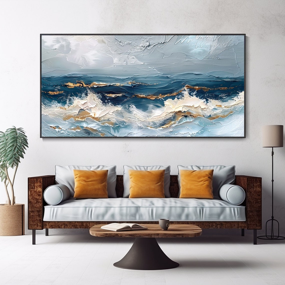 Blue Ocean Waves White Foam Gold Accents Textured Seascape Art Poster - Image 3