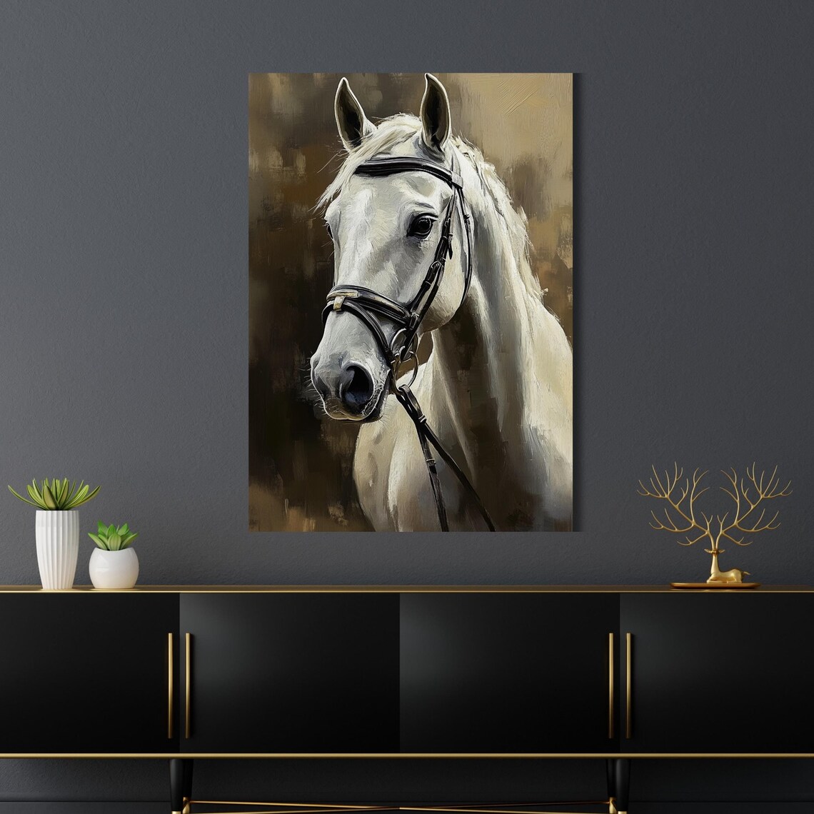 White Horse Portrait with Bridle Equestrian Oil Painting Poster