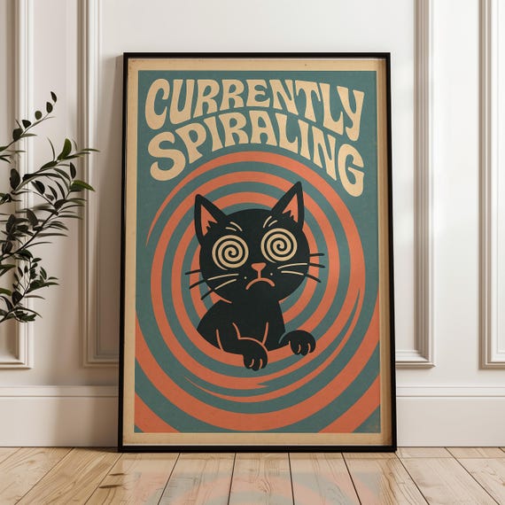 Retro Trippy Cat Poster Funny Anxiety Humor Wall Art
