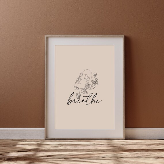 Breathe Line Art Female Face Butterfly Mindfulness Quote Poster