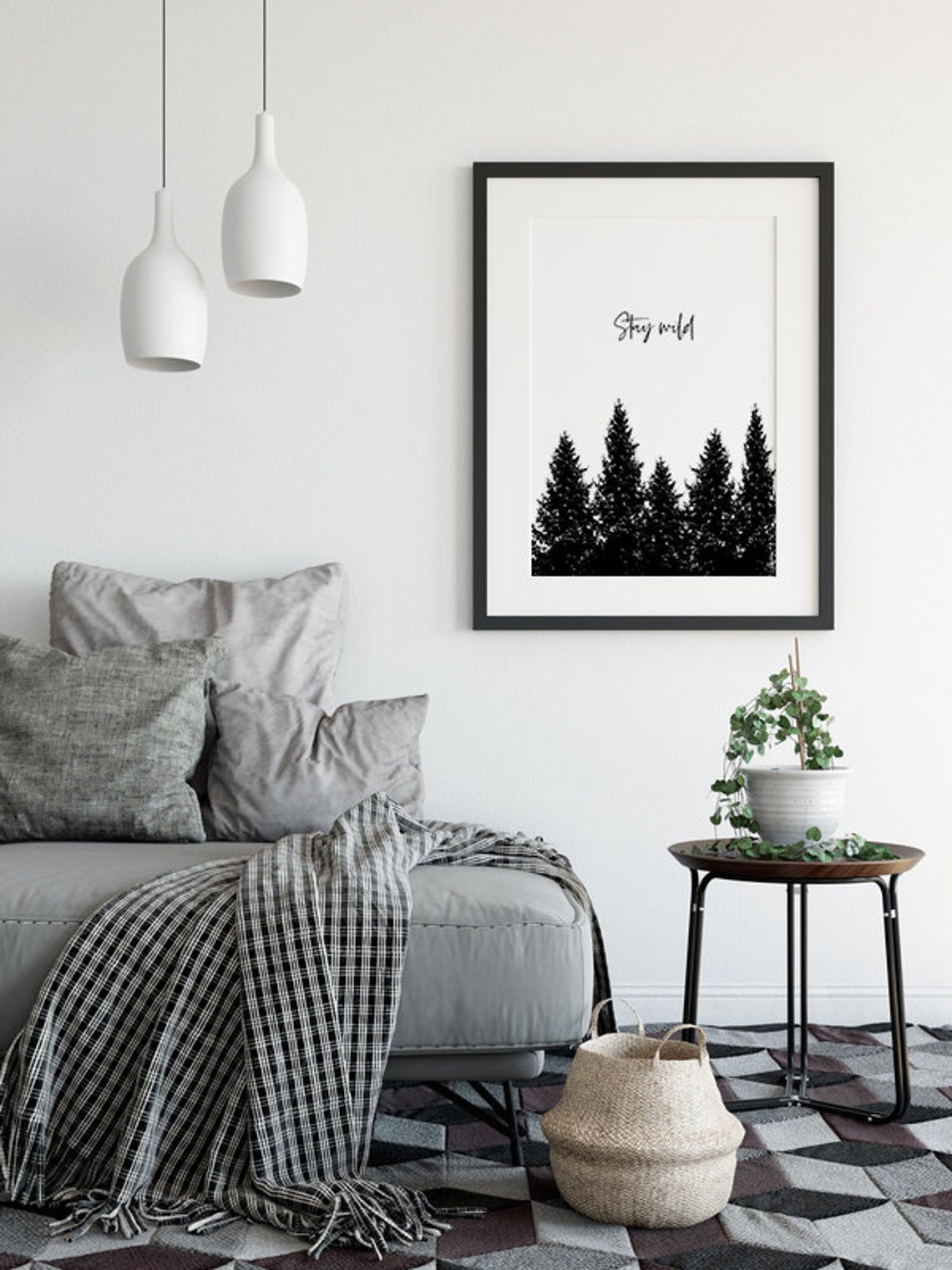 Stay Wild Pine Forest Silhouette Black and White Adventure Wall Poster - Image 2