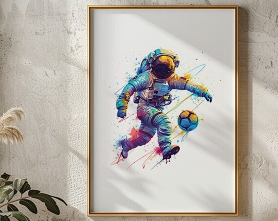 Astronaut Soccer Kick Galaxy Splash Watercolor Sports Poster
