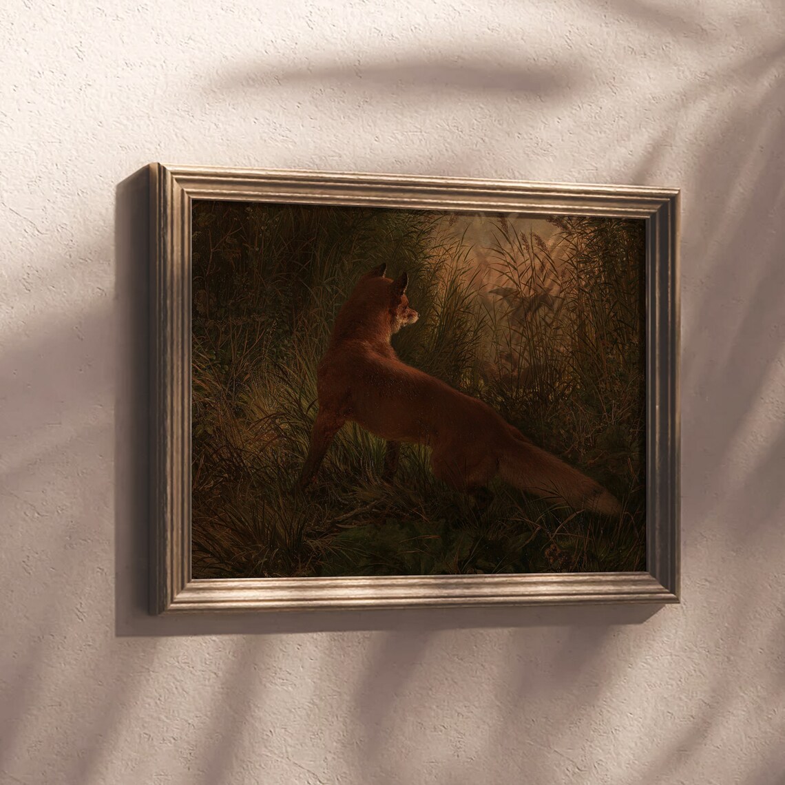 Red Fox Pouncing Through Tall Grass At Dusk Moody Woodland Oil Poster - Image 7