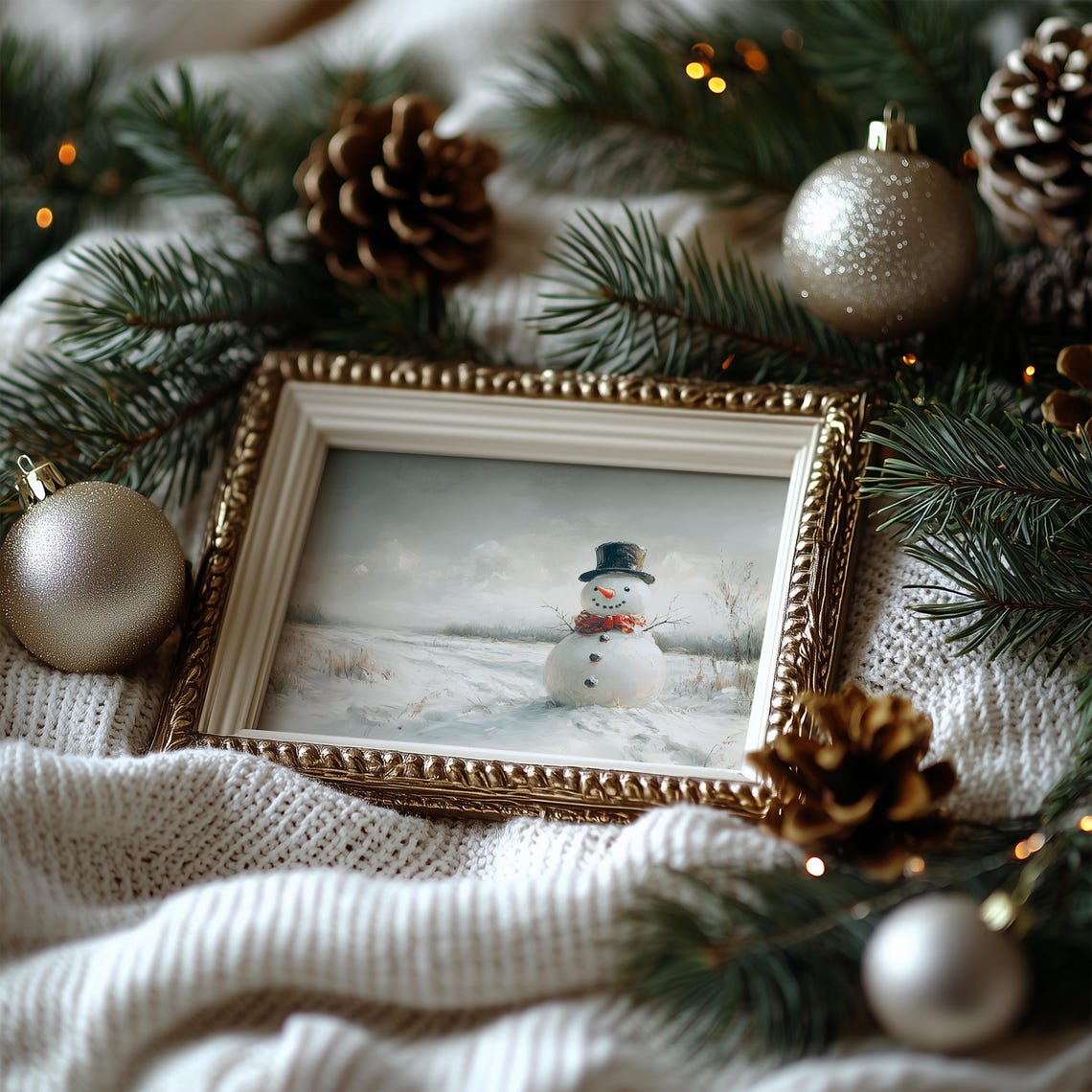 Snowman With Top Hat Red Scarf Vintage Winter Painting Poster - Image 7